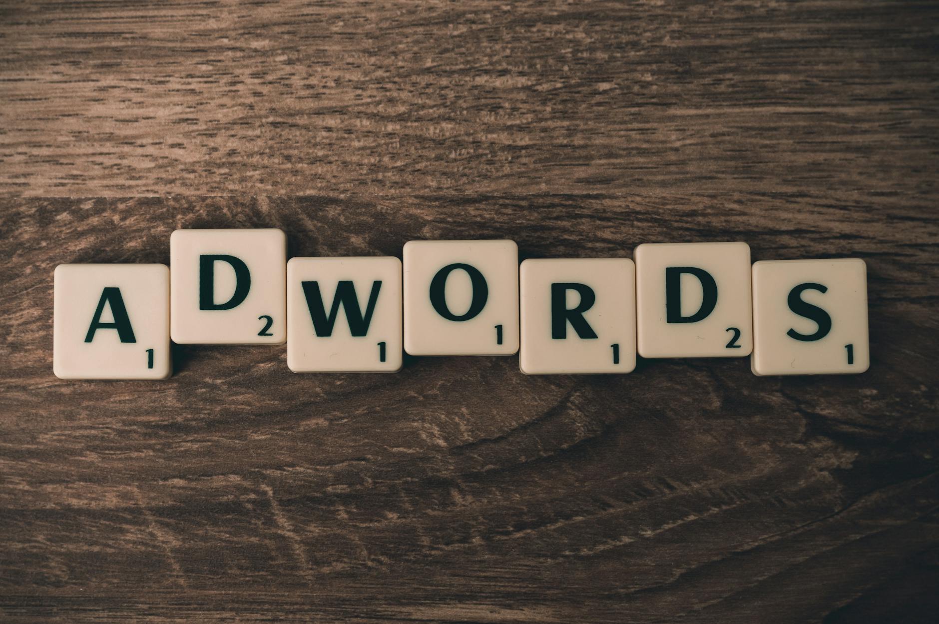 scrabble forming adwords on brown wooden surface